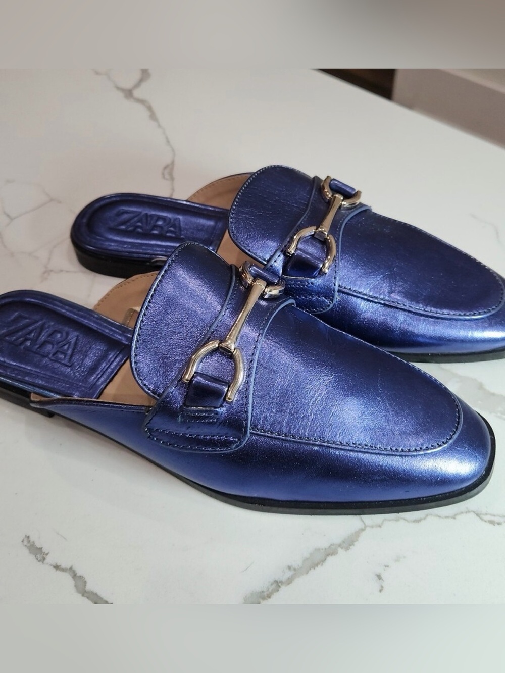 ZARA Metallic Blue Slip-On Mule with Horsebit Detail size 39